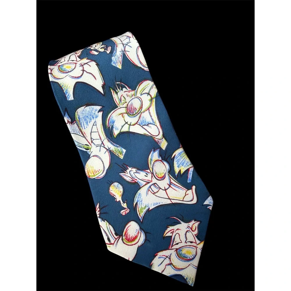 Looney Tunes sketch Sylvester & Tweety Silk Tie Navy Blue Balancine 1993 vintage
